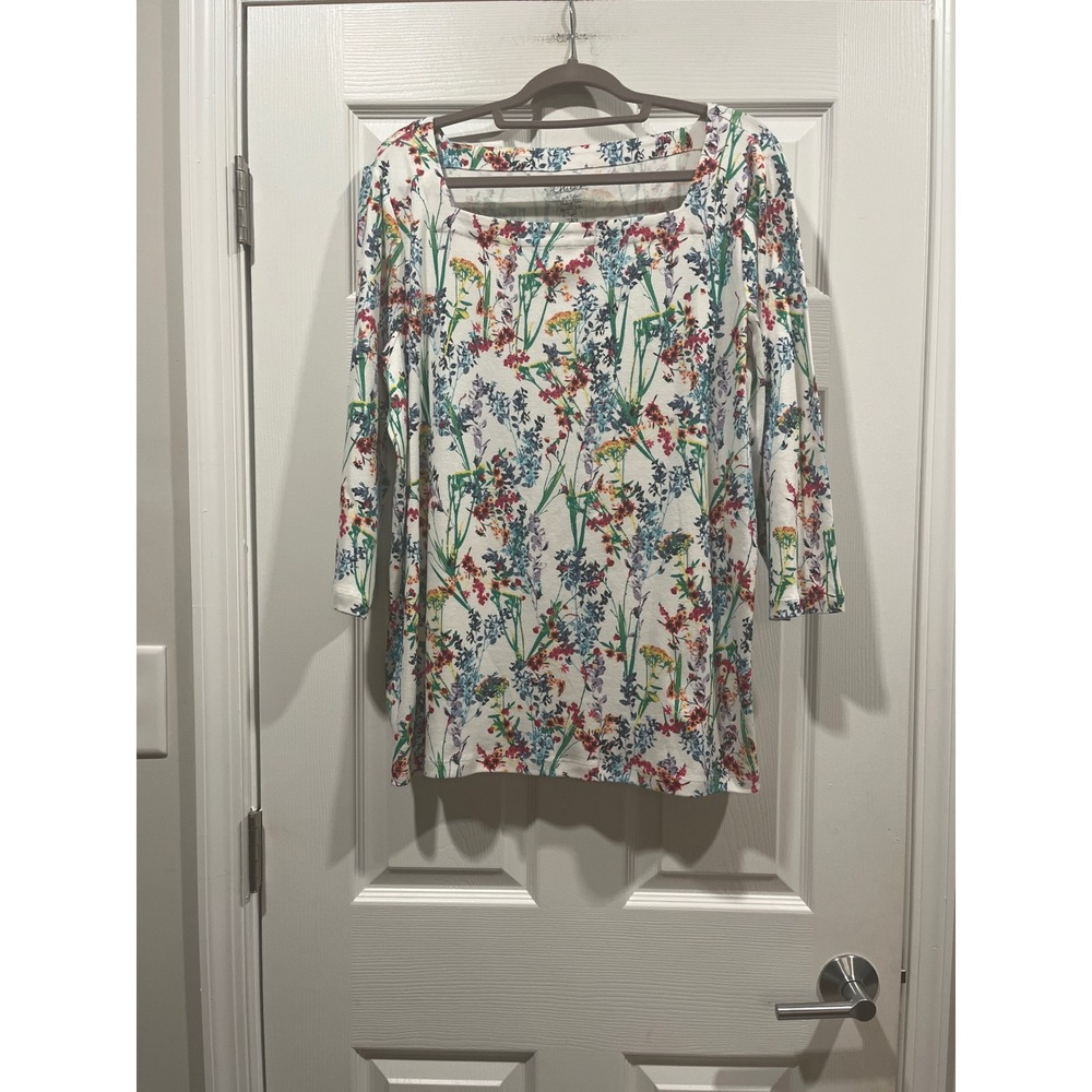 Chicos Floral Square Neck Top 3/4 Sleeve Cotton Wildflower Print White Size 4 XL